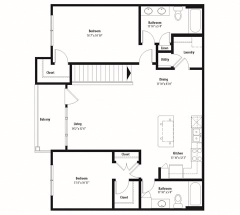 Floor plan for 2 beds, 2 baths, 1185 sqft